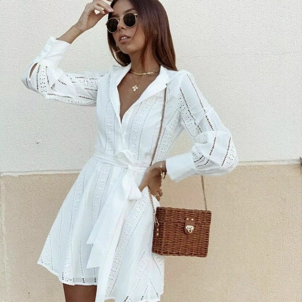 Zara white belted embroidered mini shirt dress